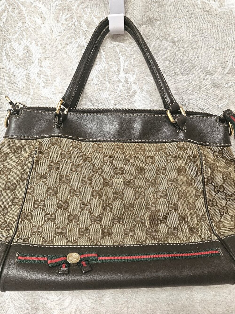 Gucci Mayfair vintage monogram authentic well-loved satchel hallmarked hardware